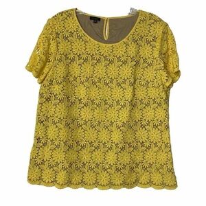 Talbots Blouse Bright Yellow Floral Lace Crochet Short Sleeve Top‎ Size 8